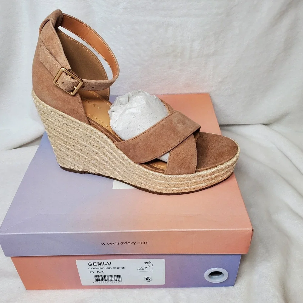Lisa Vicky Gemi Platform Wedge Sandal Kid Suede Leather Cognac Women's 8.5 M NWB